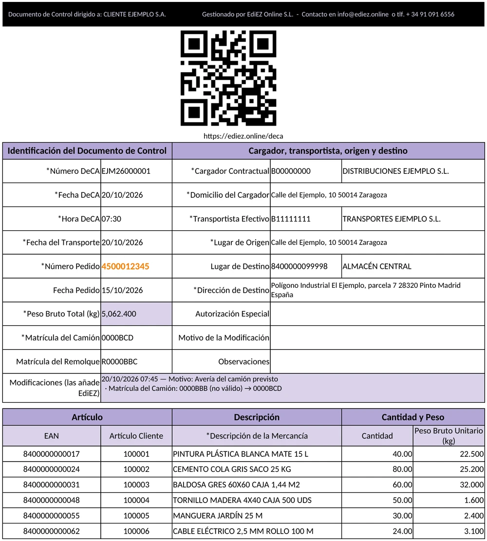 Ejemplo de DeCA en PDF: cargador, transportista, origen, destino, matrículas, mercancía y código QR